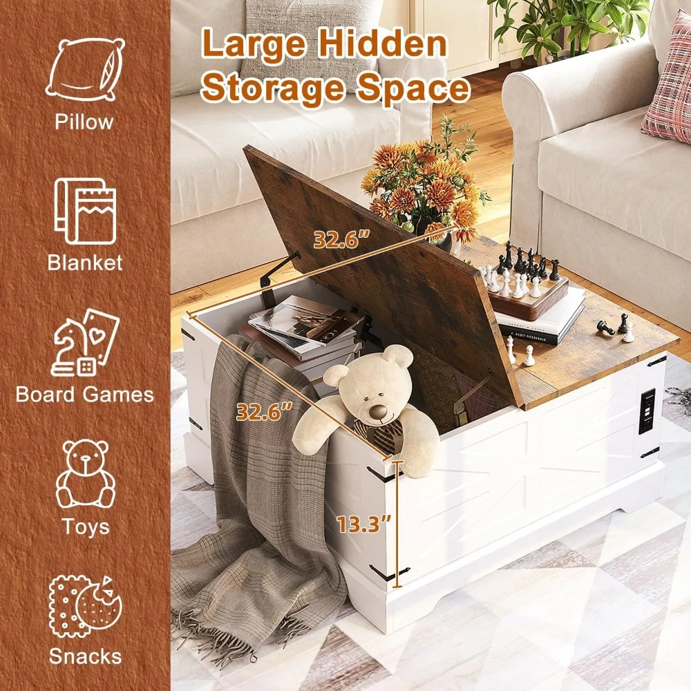 Farmhouse Coffee Table with, 35.4" Wood Square Center Table with Large Hidden Compartment, Rustic Lift Tabletop Dining Table 4