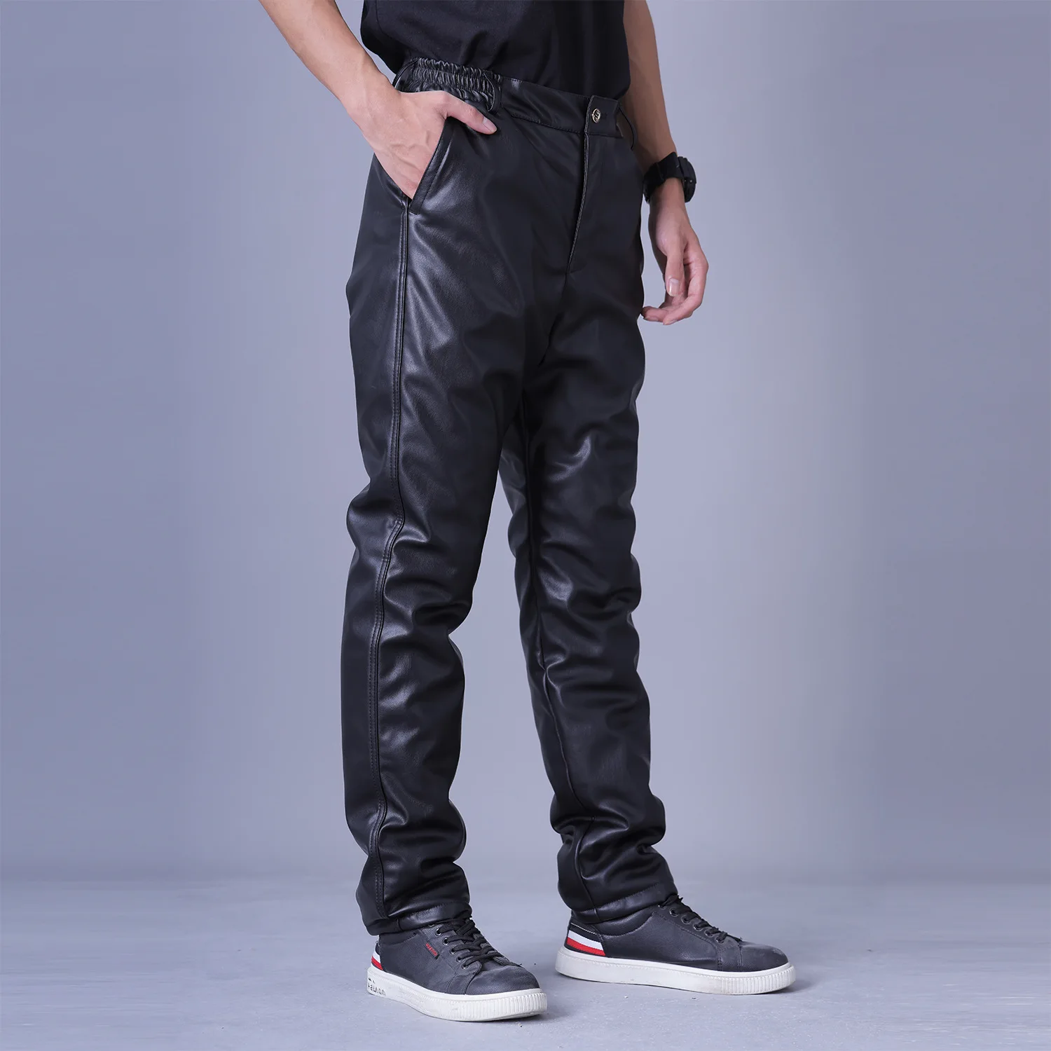 Autumn/winter Stretch Leather Pants for Men Windshield Straight Washed Motorcycle Warm Mens Velvet Thickened PU Leather Pants