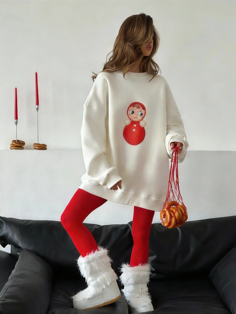 Women's 2026 New Casual Oversized Crew Neck Pullover Soft Comfortable Retro Doll Graphic Printed Long-Sleeve Sweatshirt