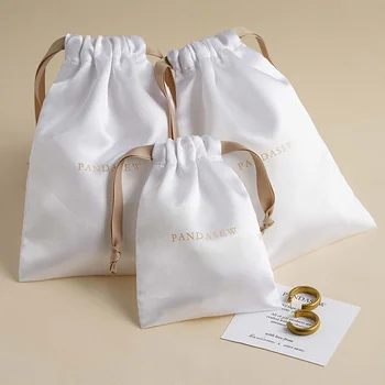 50P Customizable Logo Satin Gift Bag Packaging Cosmetic Makeup Jewelry Silk Drawstring Pouch Party Wedding Candy Storage Sachet 1