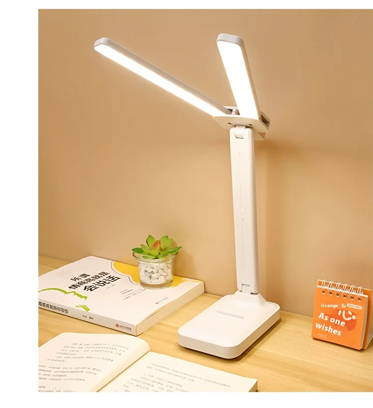 LED double-head desk lamp, 3-level dimmable touch night light, USB rechargeable, eye-protection, foldable bedside reading desk
