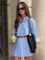 Oymimi Elegant Blue Striped Print Sets For Women 2 Pieces Fashion Long Sleeve Button Crop Tops And High Waist Pleated Skirts Set - Image 2