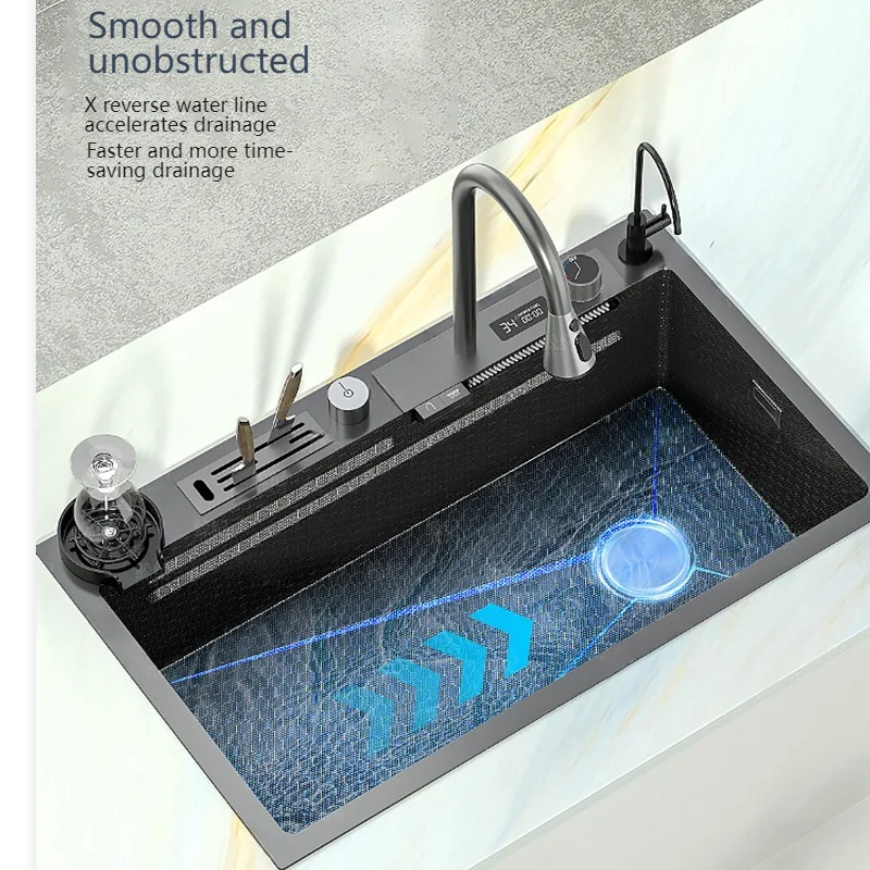 Waterfall Kitchen Sink Stainless Steel Embossed Large Single Slot Digital Display Multifunctional Sinks For Kitchen 2