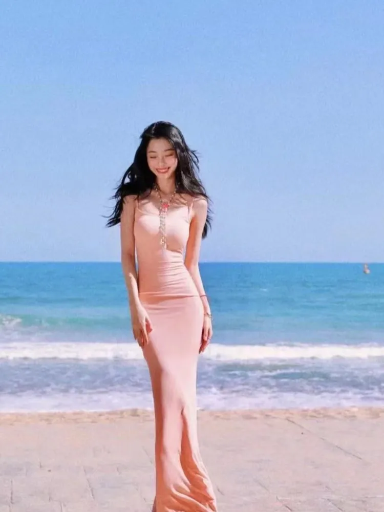 

Sexy Solid Long Beach Dress Pink Spaghetti Strap Slim Fit Vocation Fashion Summer Dresses Women 2023 Elegant Mermaid Robe Mujers