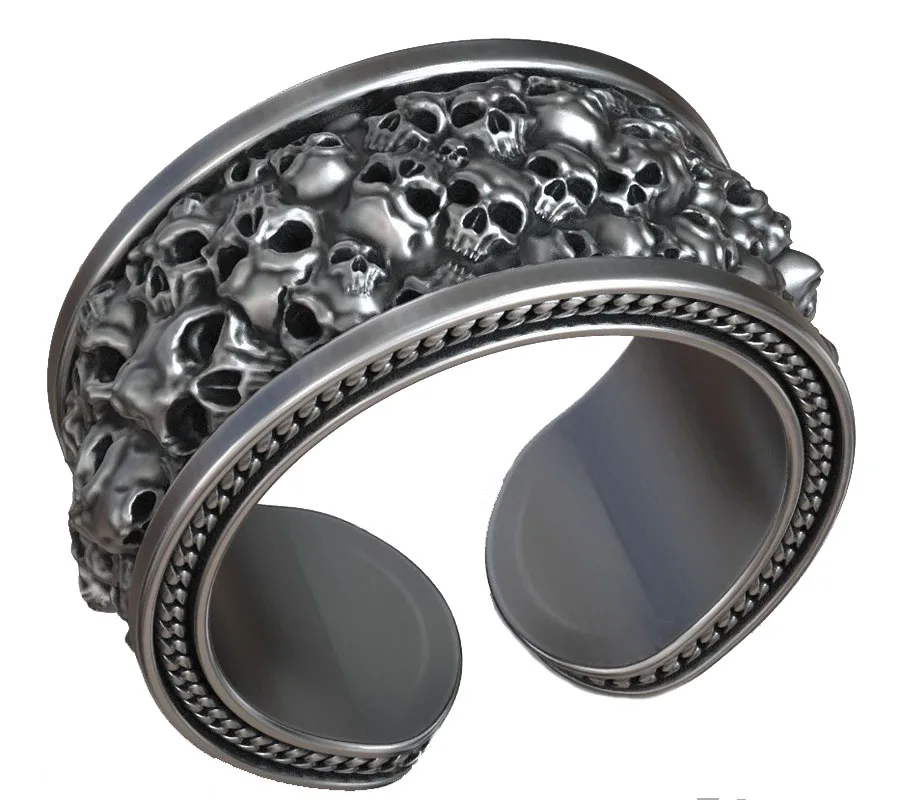 

Punk Hollow Skull Chain Adjustable Oxidized Ring Mens 925 Solid Sterling Silver Ring