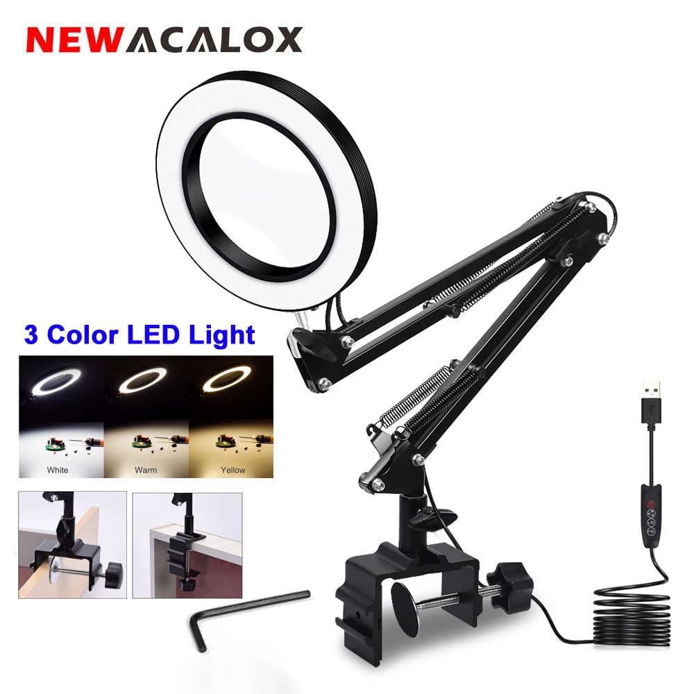 Newacalox 5x 3 Colors Led Illuminated Magnifier Desk Lamp Usb