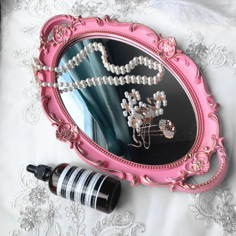 Oval Glass Storage Tray Pink Retro Mirror Food Tea Tray Household Jewelry Skin Care Product Organizer Wedding Home Decor 3