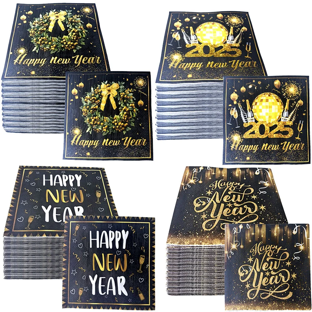 New Year Cocktail Napkins 20/40/60pcs Happy New Year Napkins Black and Gold Disposable Party Decors paper napkins