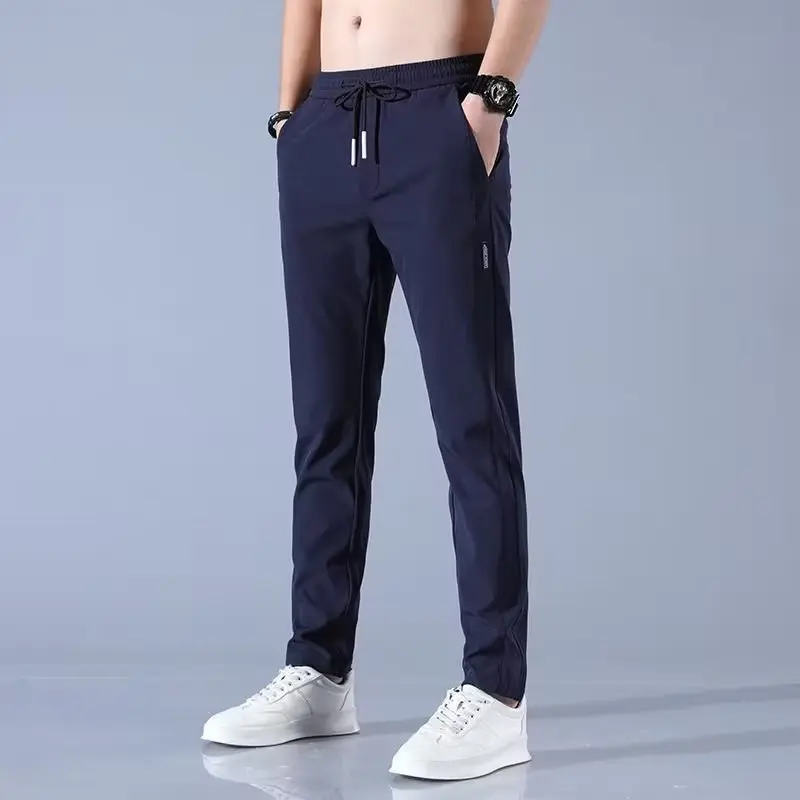Men's Summer New Youth Fashion Solid Color Loose Drawstring Elastic Waist Spliced Pockets Straight Business Casual Suit Pants