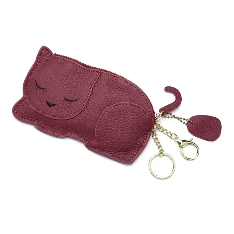 Genuine Leather Coin Purses Women Cartoon Cute Cat Zipper Key Holder Thin Purse Fashion Girls Coin Wallet Kids Change Pouch Bag