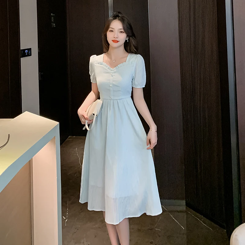 

Женское платье, летнее милое однотонное платье во французском стиле с коротким рукавом и квадратным вырезом, платья с высокой талией и V-образным вырезом, новинка 2024