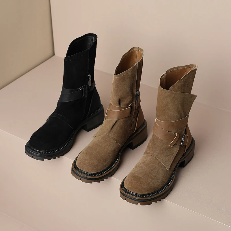 

2023 Fashion Round Boots For Women Autumn Design Metal Belt Buckle Decoration Botas De Mujer Med High Heels Knight Boots