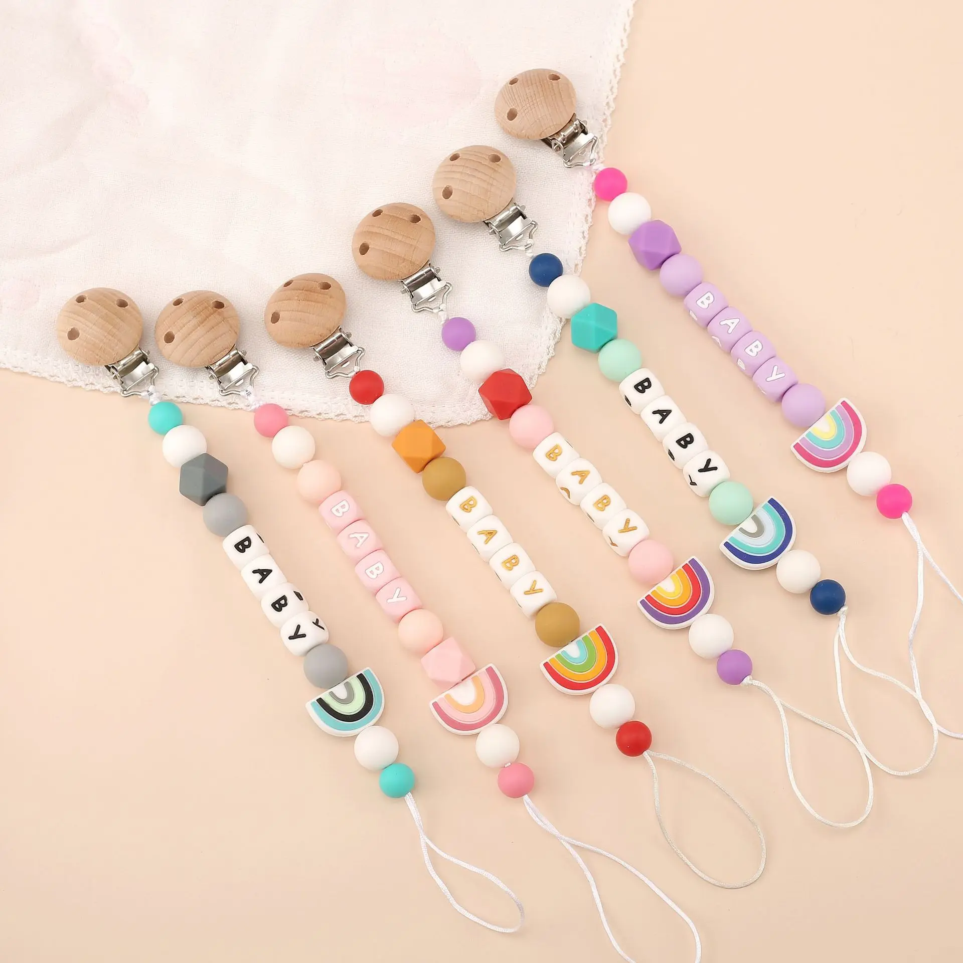 

Baby Pacifiers Clips Personalized Name Cute Silicone Rainbow Dummy Nipples Holder Clip Chain BPA Free Accessories Teething Toys