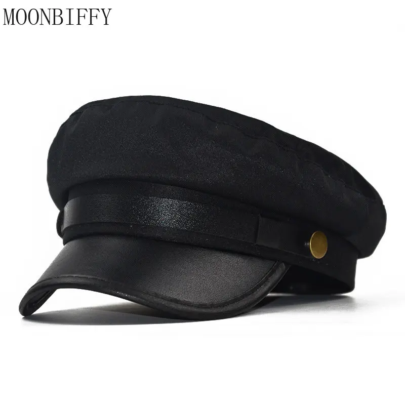 Unisex PU Leather Autumn Sailor Hat for Women Men Vintage Black Female Travel Student Captain Cap Flat Top sailor hat leather hat flat cap flat vintage cap cap hat
