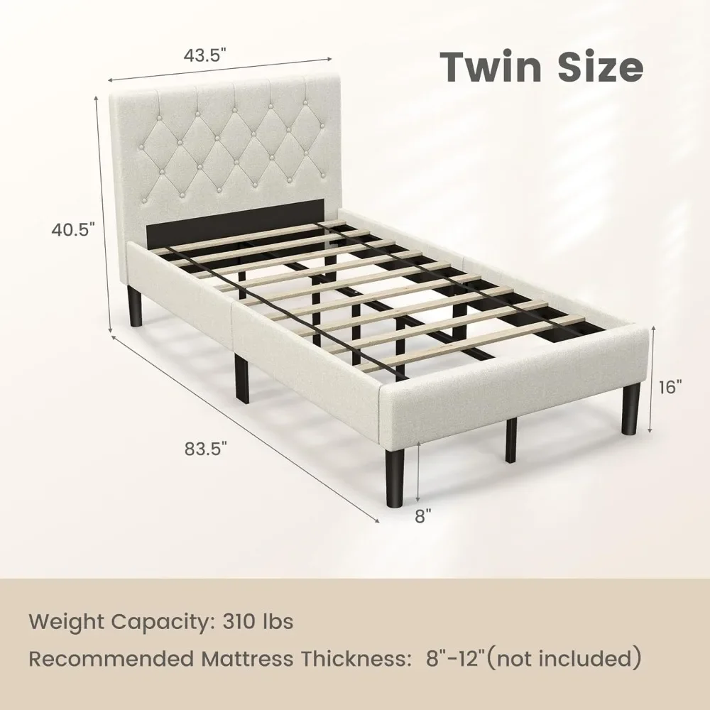 Twin Bed Frames for Kids, Modern Upholstered Platform Bed with Button Tufted Headboard, Wooden Slats Support Mattress 2