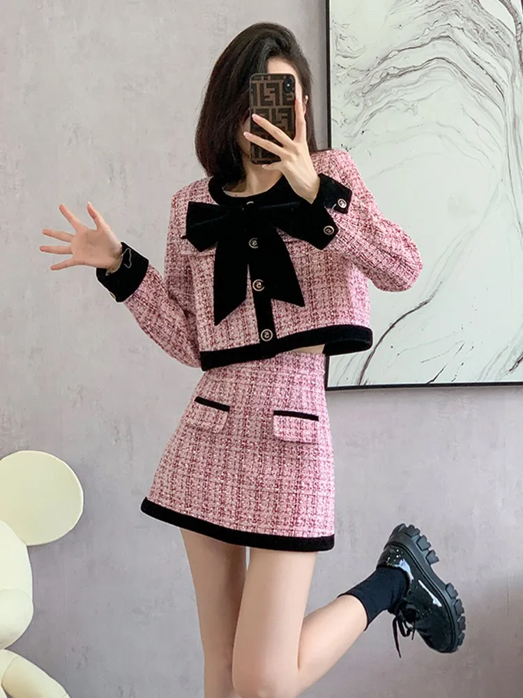 

Runway Small Fragrance Bow Tie Tweed Jacket Coat Female + Elegant Patchwork Skirt Suits Two Pieces Sets Outfit For Women