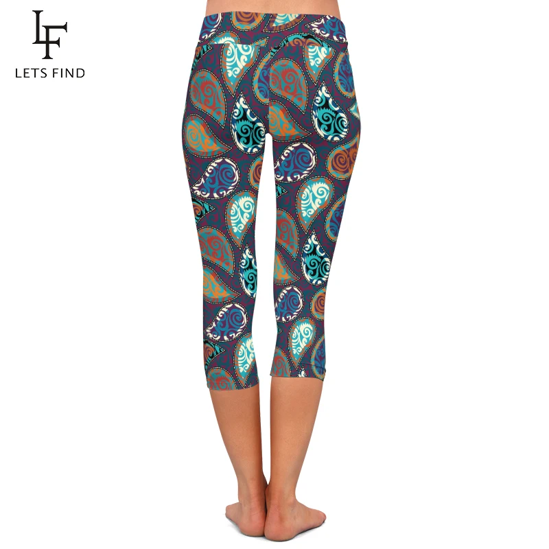 LETSFIND Summer Cashew Flowers Design Printing Capri Leggings High Waist  Mid-Calf 3/4 Stretch Women Casual Leggings