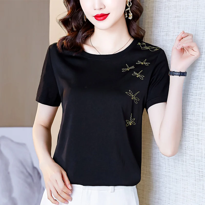 

Cotton Patchwork Black T-shirt Loose Short Sleeve Embroidered O Neck Top Tees