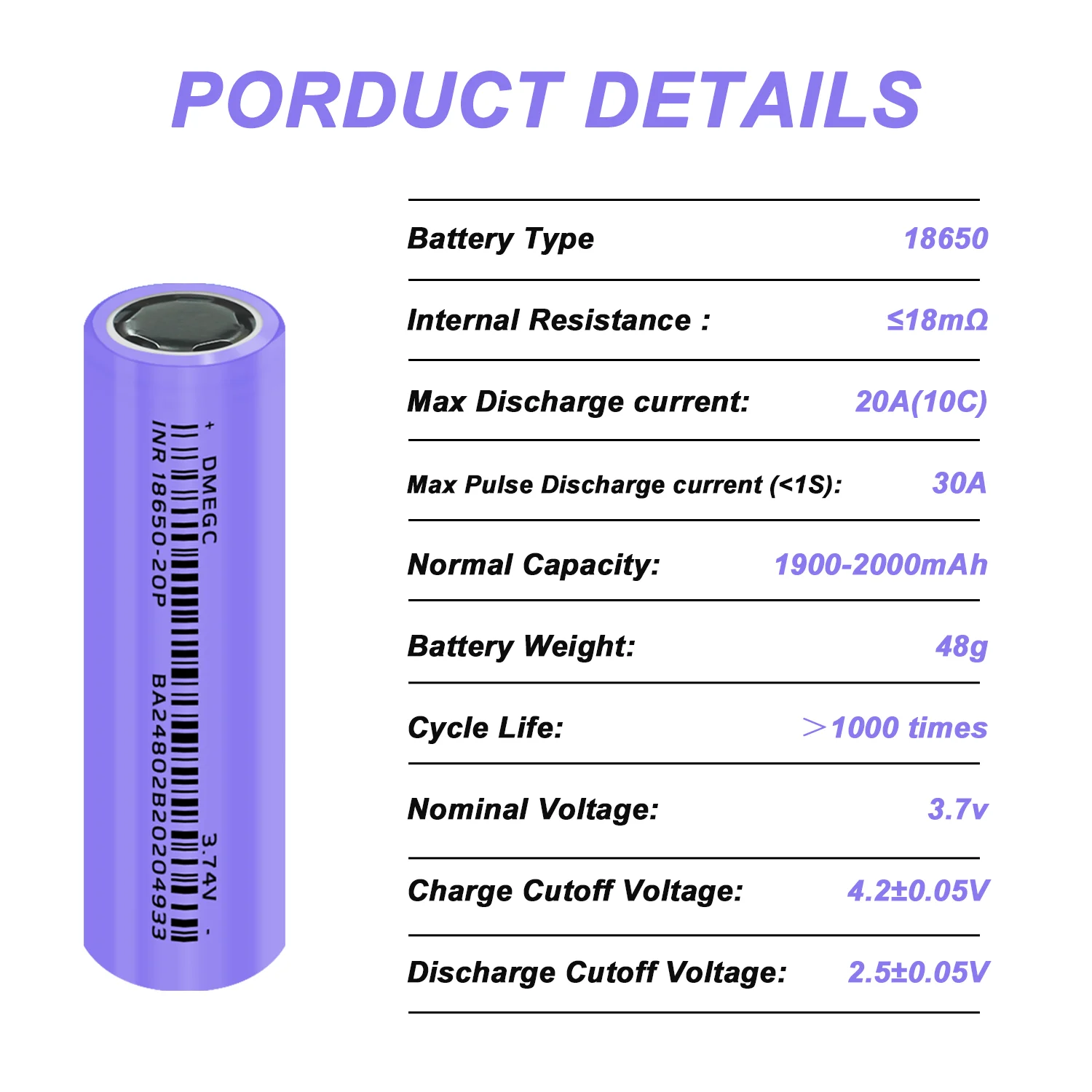 エアグルーブページ New 2025 18650 Lithium Battery 10C 20A Discharge 3.7V 2000mAh