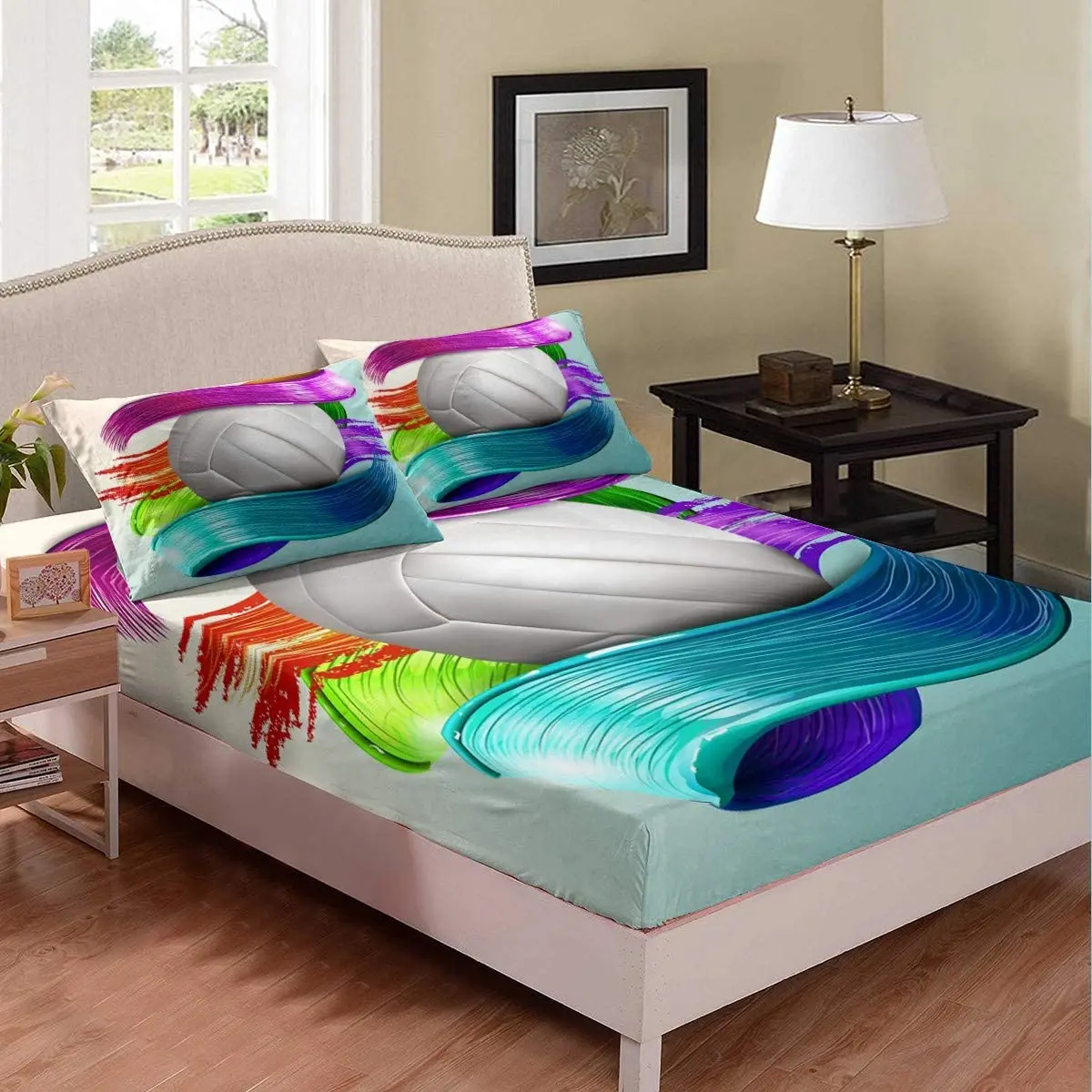 

Постельное белье для волейбола для девочек и мальчиков, комплект спортивного постельного белья, постельное белье с 3D рисунком шаров и цветными полосками, постельное белье для двуспальной кровати