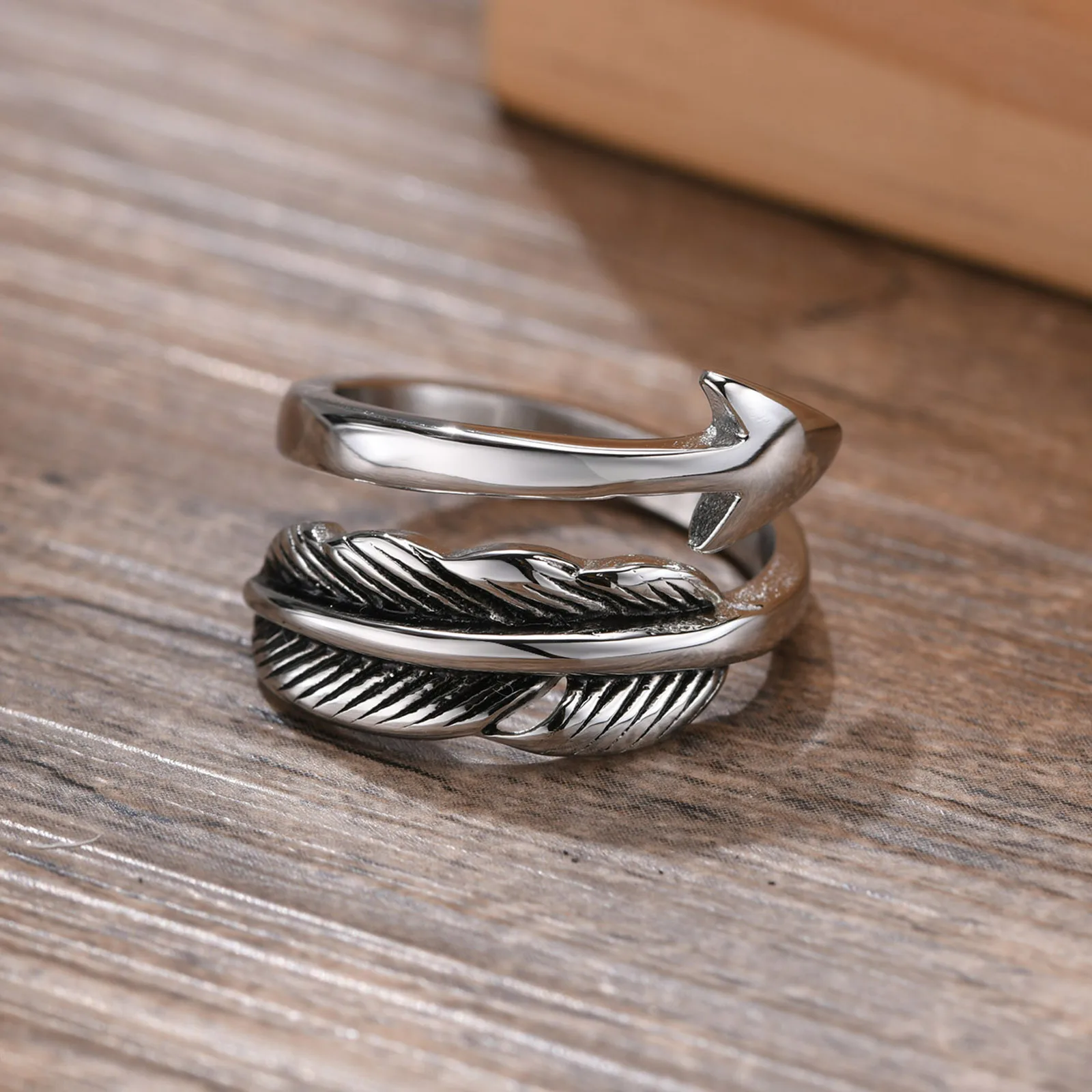 Men Arrow Ring,Stainless Steel Feather Rings, Boho Tings for Men