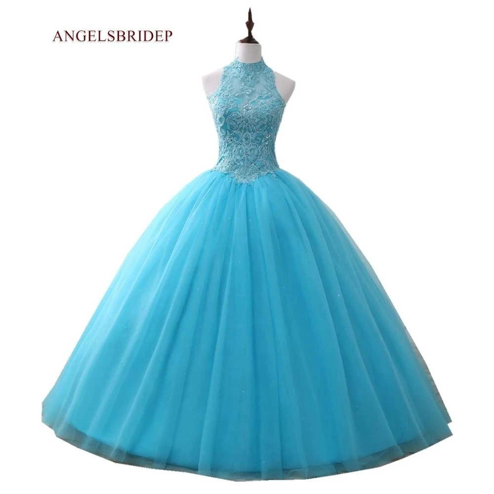 

ANGELSBRIDEP High-Neck Quinceanera Dresses Ball Gown Sweet 16 Applique Beading Tulle Special Occasion Masquerade Princess Party