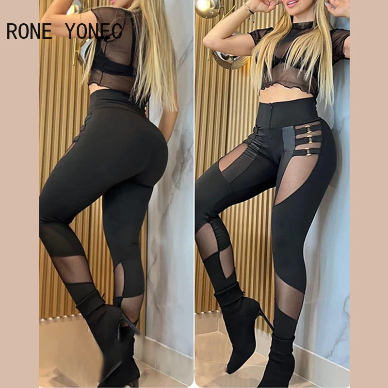 

Women Contrast Mesh Patch Buckled High Waist Zipper Pants Skinny Spring&Autumn Black Pencil Pants