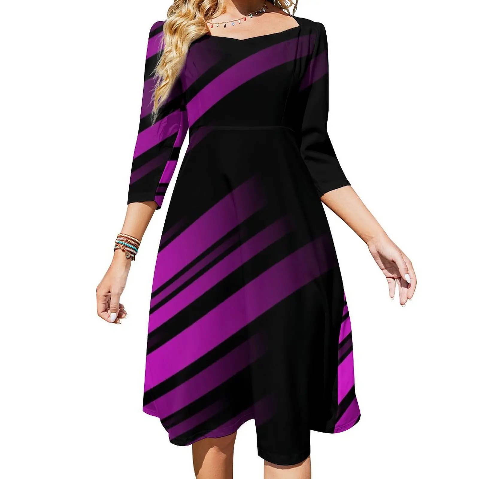 

Женское платье-клеш в полоску, элегантное платье с абстрактным блестящим черным и фуксия, свадебное платье