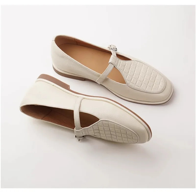 White sheepskin soft leather Mary Jane women's shoes, flat bottomed flat heel buckle single shoes