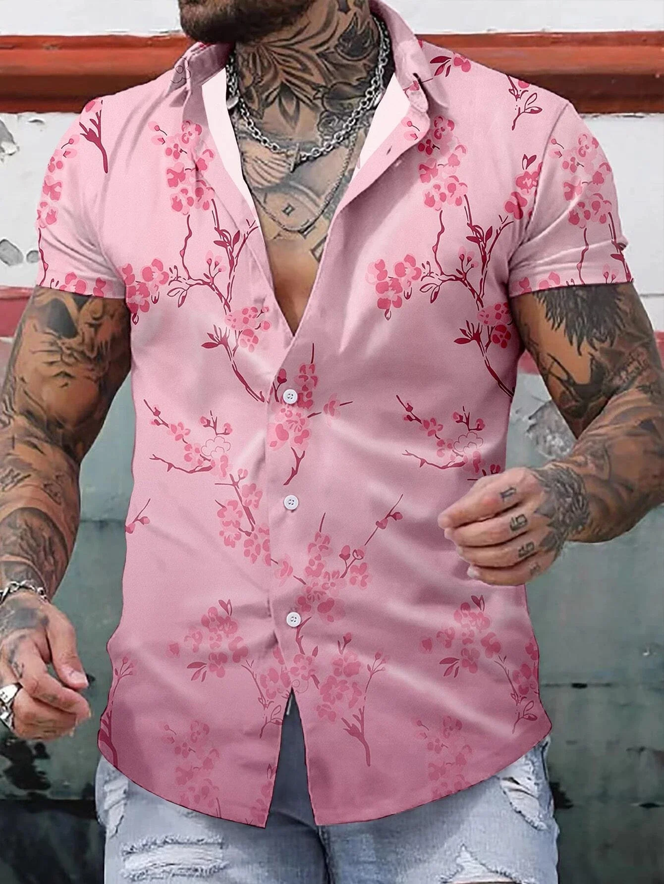thumbnail image 1 of Camisas hawaianas para hombre, camisa de manga corta con botones y estampado floral con corte floral irregular para uso informal y vacaciones en verano, 1 of 4