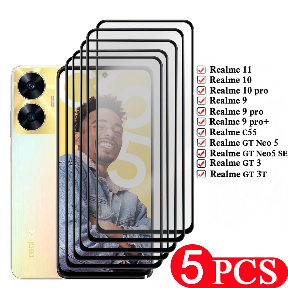 

5Pcs full cover protective film For Realme 10 11 GT Neo 5 SE 9 pro plus 3 3T Tempered glass 9D For Realme C55 screen protector