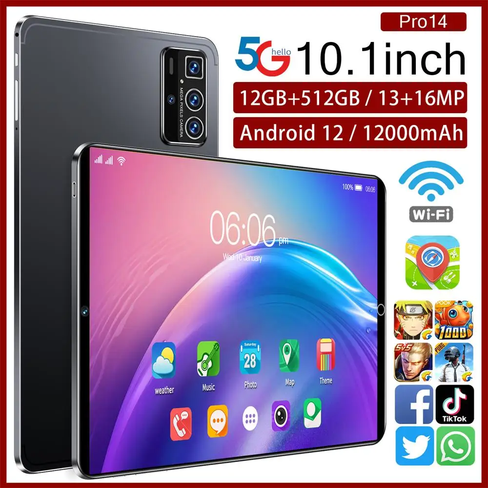 

Android 12 Tablet PC Pro 14 10.1 Inch HD Screen RAM:6/8/12GB-ROM:128/256/512GB With Keyboard Support Double Card 10 Core 12000mA
