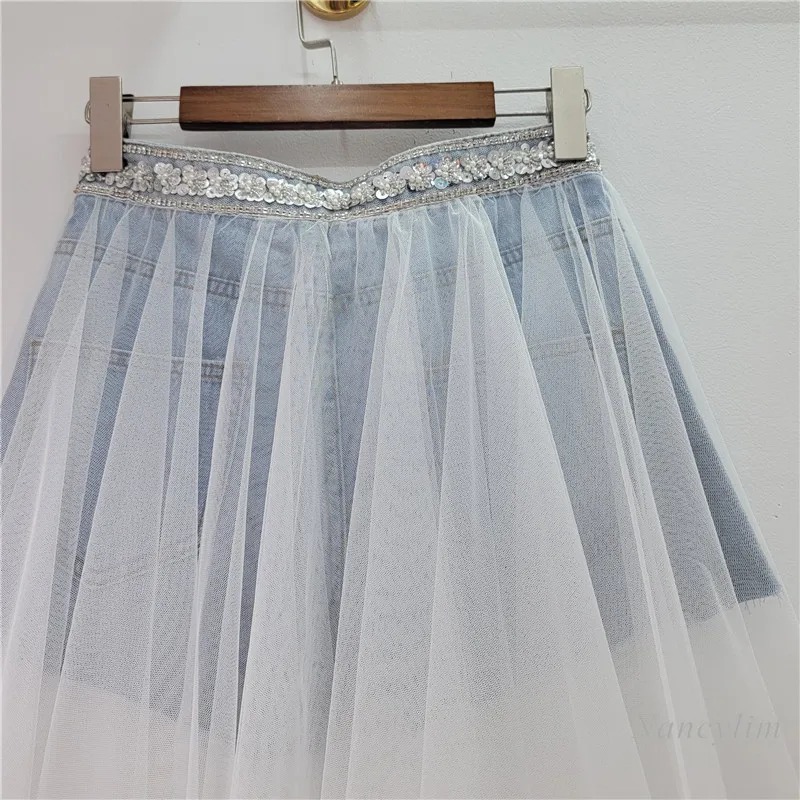 Heavy Industry Beads Irregular Mesh Stitching Jeans Shorts Women's 2024 Summer New Very Fairy Wide-Leg Hot Pants Denim Shorts