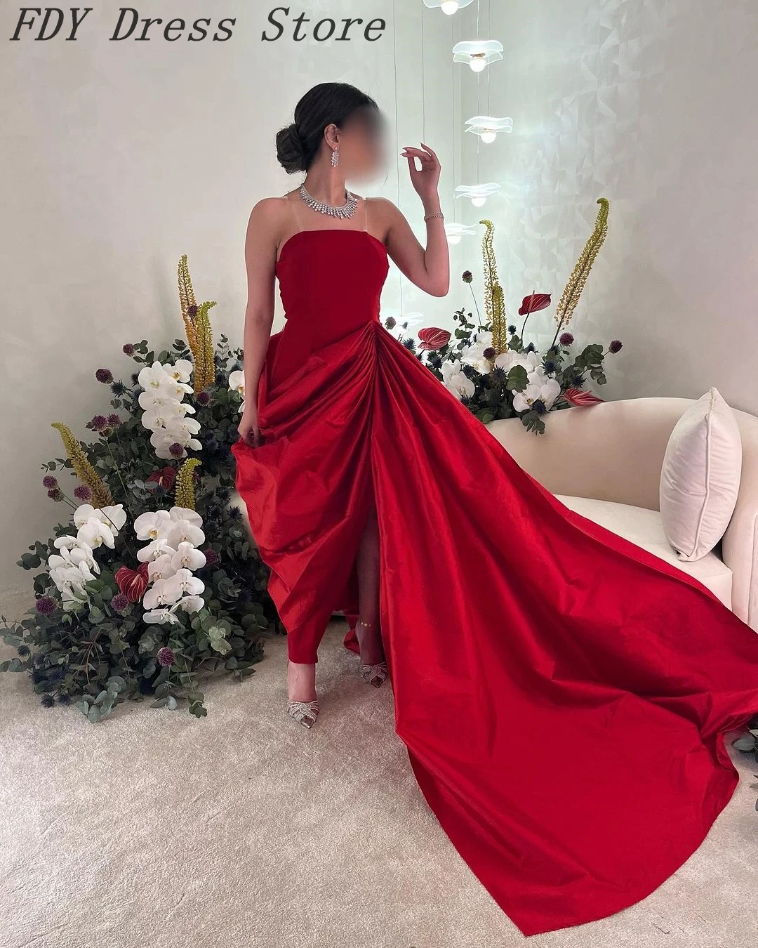 

Vintage Red Strapless Evening Dresses Sleeveless Ankle Length Prom Dresses Formal Party Dresses Back Zipper