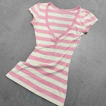 Stripe pattern casual tops chic cotton fashion Y2K tops cute silm rock aesthetic urban emo girls hip hops harajuku women t-shirt 1