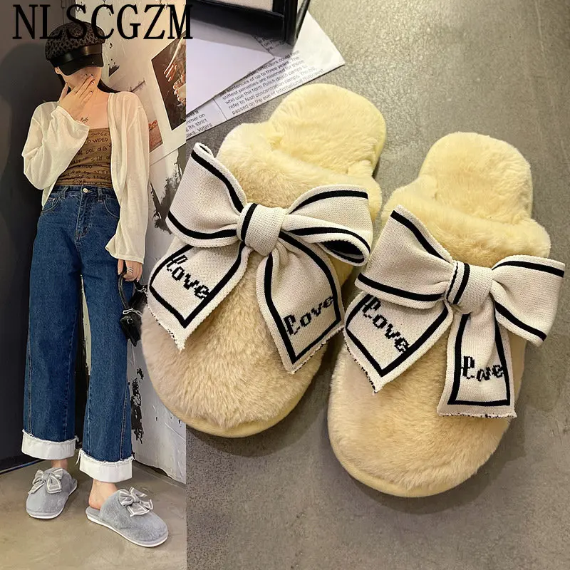 

Мюли женские на плоской подошве, меховые шлепанцы с бантом-бабочкой, женская обувь, роскошные Теплые Тапки