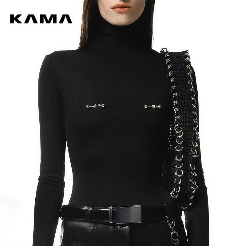 

KAMA Autumn And Winter Turtle Neck Solid Undershirt Blouse Metal Charms Decoration Bottom Top Women Casual Comfort Streetwea