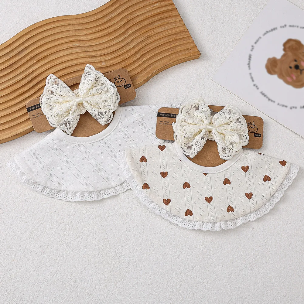 2 set di cotone neonato fazzoletto tovagliolo di cotone per bambini con bordo in pizzo nodi a farfalla fascia larga copricapo foulard bavaglino set - immagine 5
