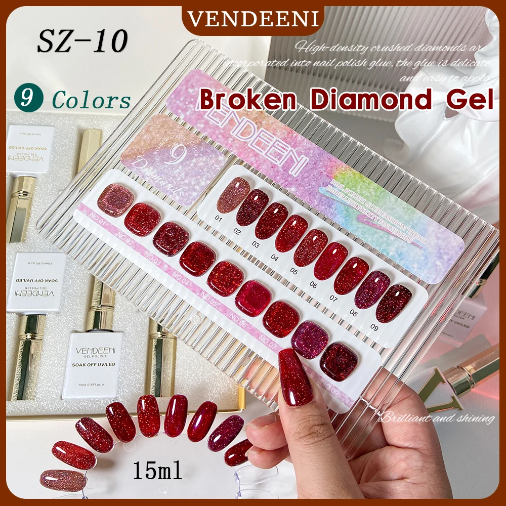 

Vendeeni 15ml Glitter Bright Red Broken Diamond Gel Nail Polish 9 Colors/set Soak Off UV LED Flash Pure Red Color Gel Varnish
