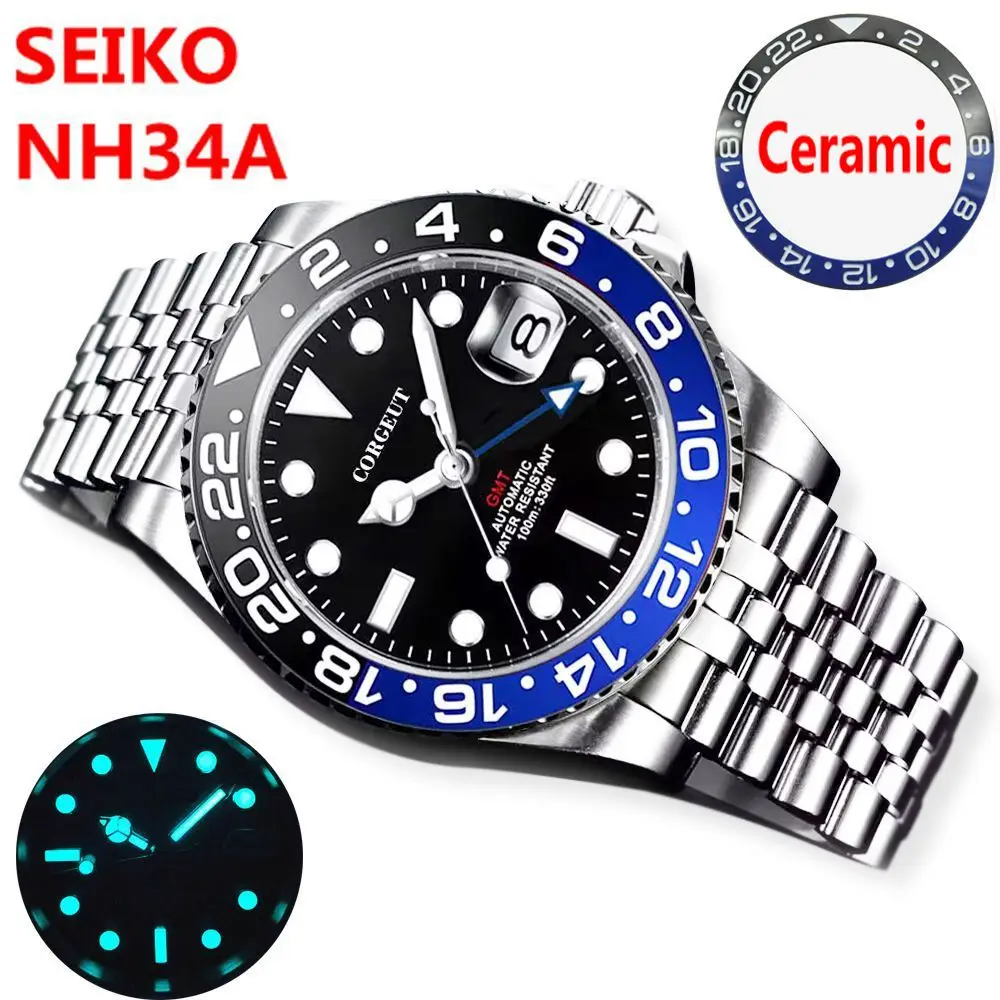 luxury NH34 Movement Men's Watch GMT 10bars Black Dial Sapphire Crystal
