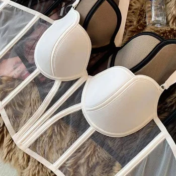 French Ladies Transparent Mesh Corset Sexy Shaper Thin Bra Set Night Club Sweet Cropped Top Girls Hot Bra and Panties Bralette