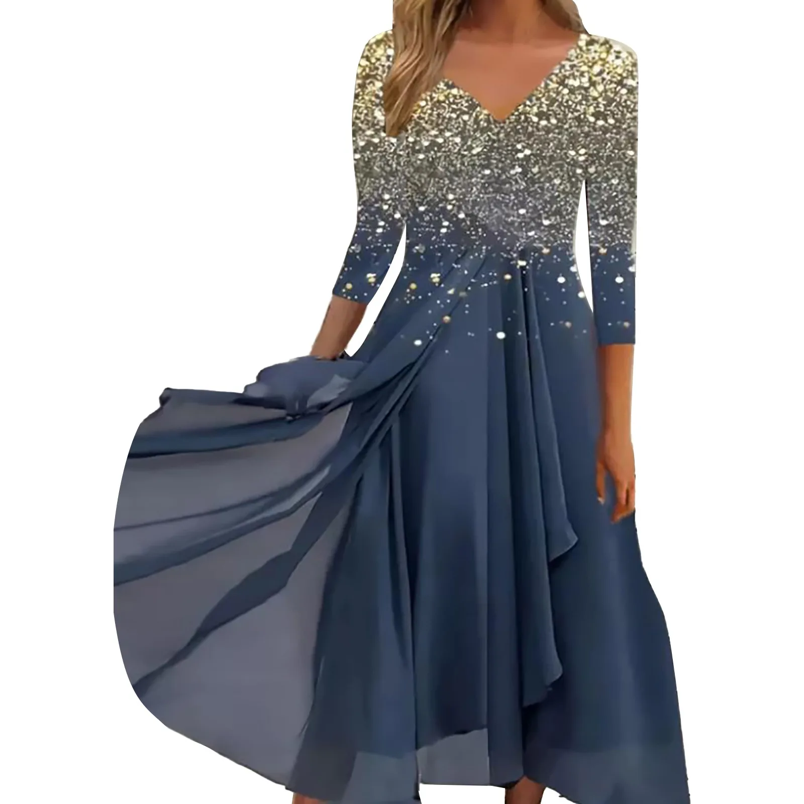 thumbnail image 1 of Vestidos de mujer de gasa con retazos de moda urbana e informal para primavera y verano, vestido de cuello en V de manga larga y dobladillo irregular, vestido de largo medio, 1 of 5