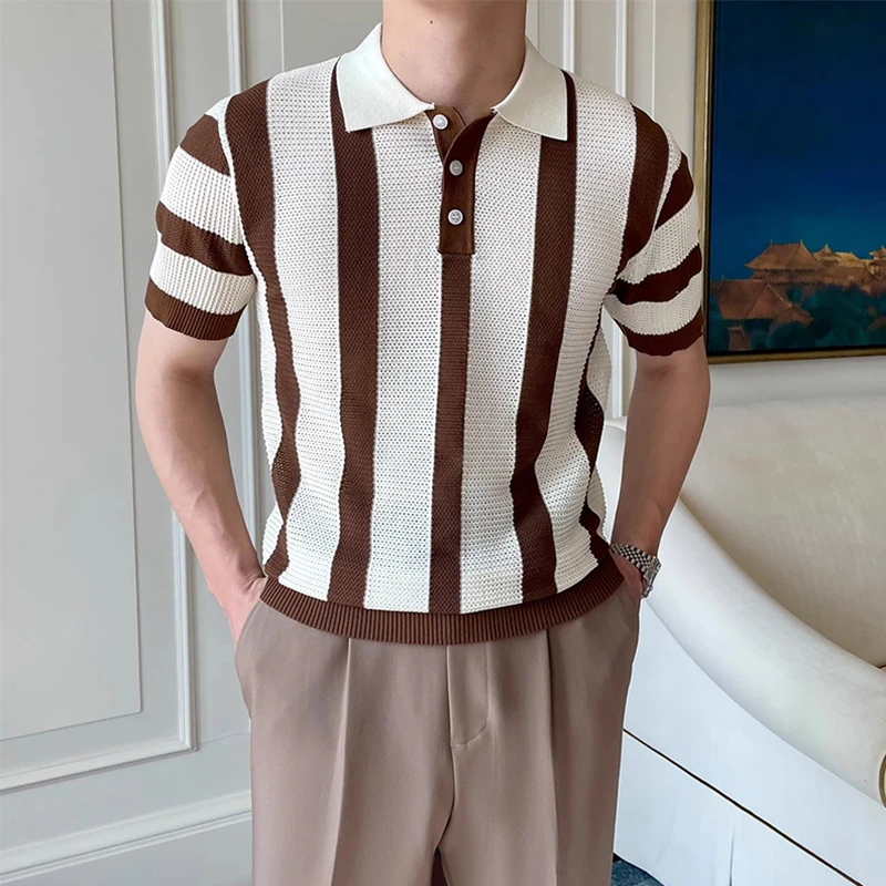 Contrast Color Striped Mens Polo Shirts Trendy Button Turn-down Collar Knit Tops Men Spring Summer Daily Casual Breathable Polos 17 S809e65f90a7b4eb099082a06b885b8948