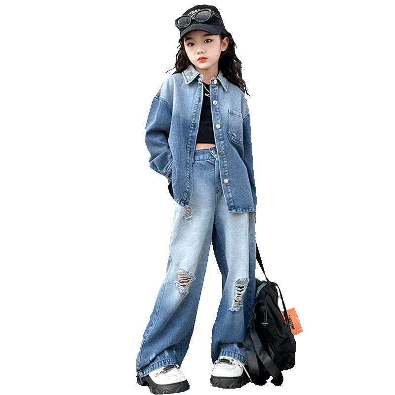 

autumn teen girls Denim suit Gradient denim shirt+hole wide leg pants 2pcs kids clothes set child outfit ensembles fille enfant