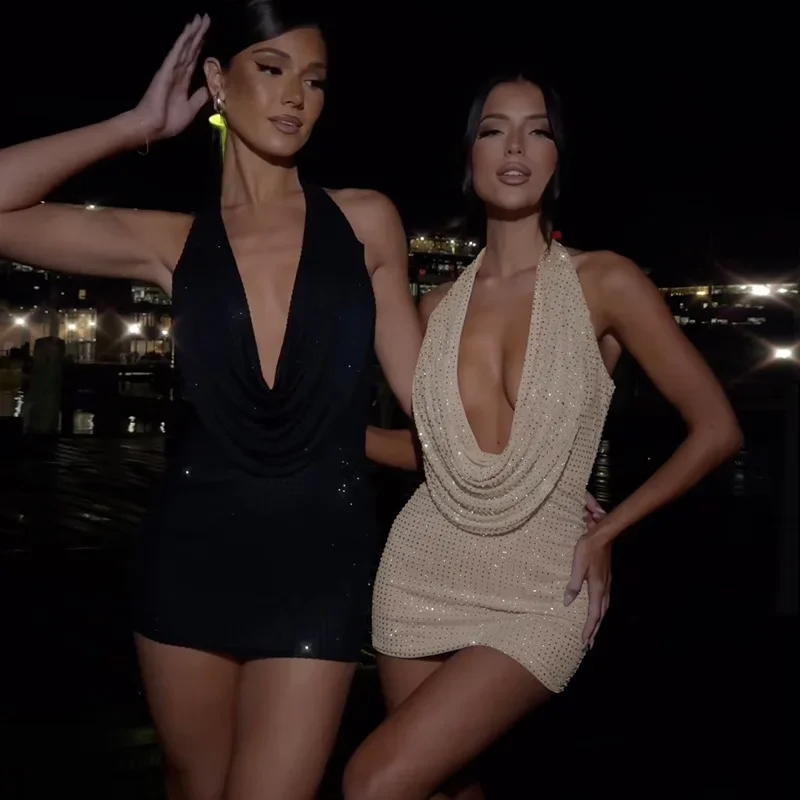 2025 New Popular Sequins Shiny Dress Women Sexy Backless Halter Short Bodycon Dress Female Solid Deep V-Neck Party Slim Dresses 5