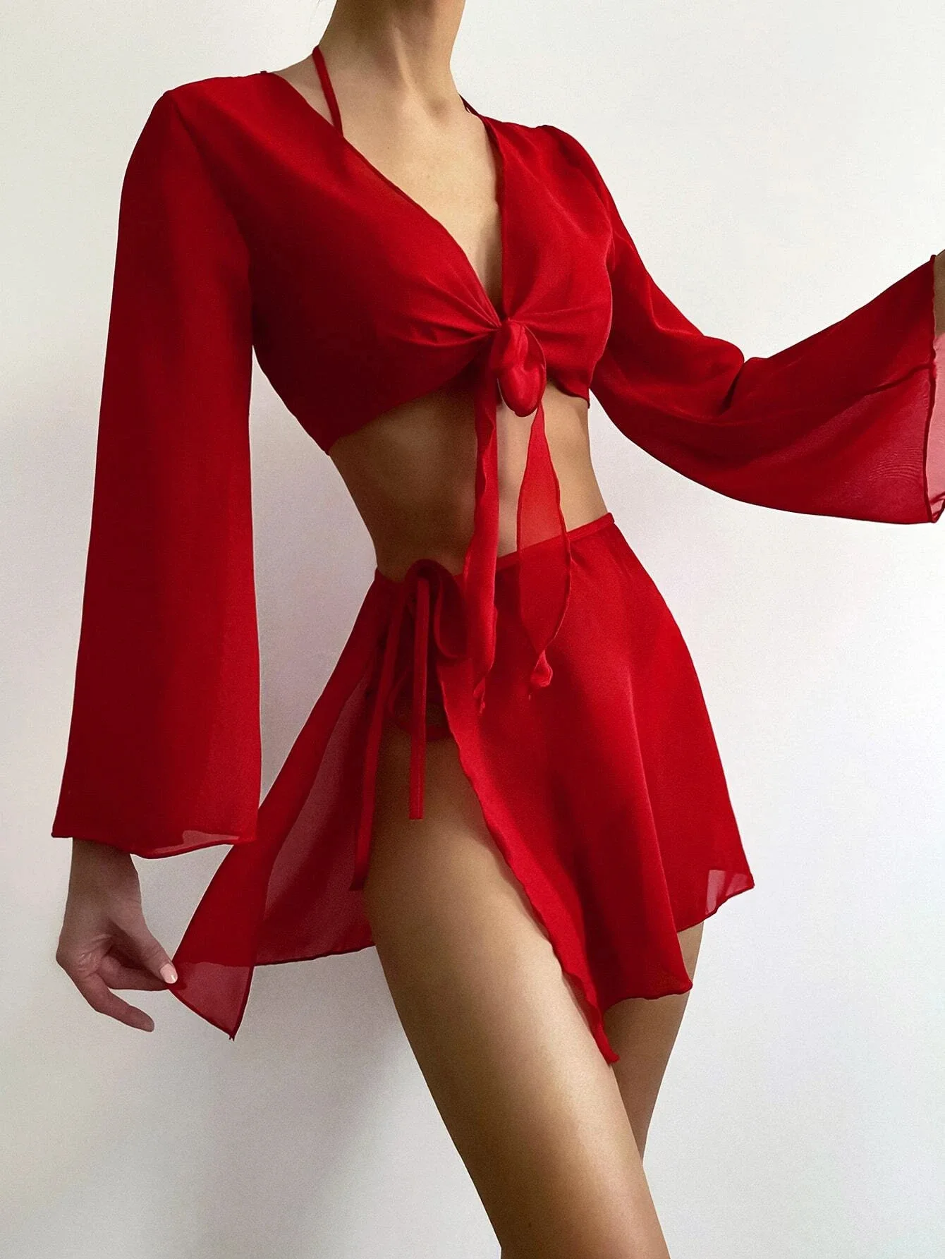 4pcs Red Bikinis Sets Women Mesh Long Sleeve Cover Up with Skirt Swimsuit 2024 Summer Push Up Beach Bathing Suit Thong Swimwear 1
