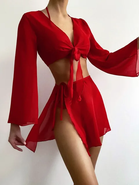 4pcs Red Bikinis Sets Women Mesh Long Sleeve Cover Up with Skirt Swimsuit 2024 Summer Push Up Beach Bathing Suit Thong Swimwear 1