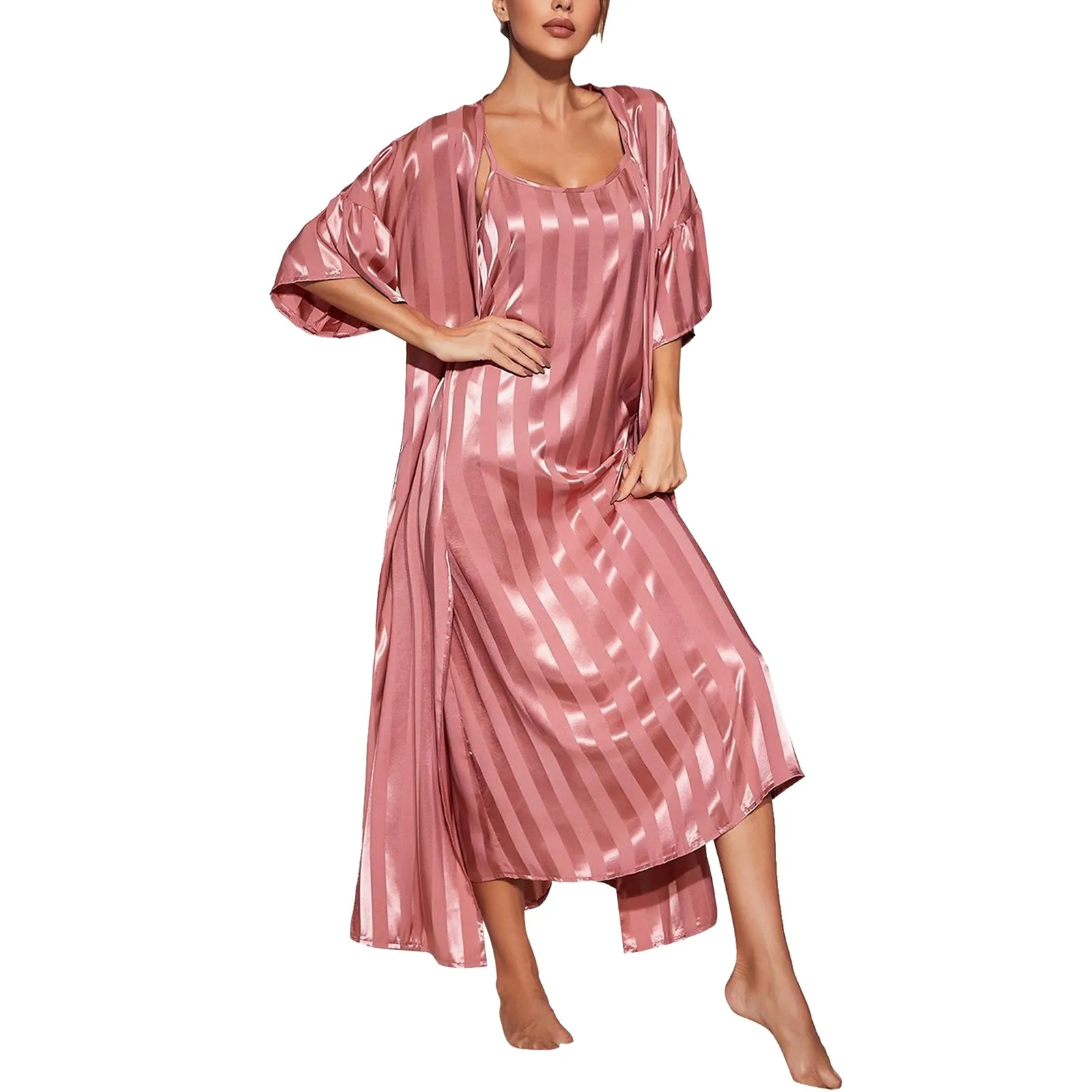 

Комплект из 2 предметов, Женский Атласный халат в полоску, одежда для сна, пижамы, однотонные женские сексуальные элегантные ночные рубашки для сна, Халат