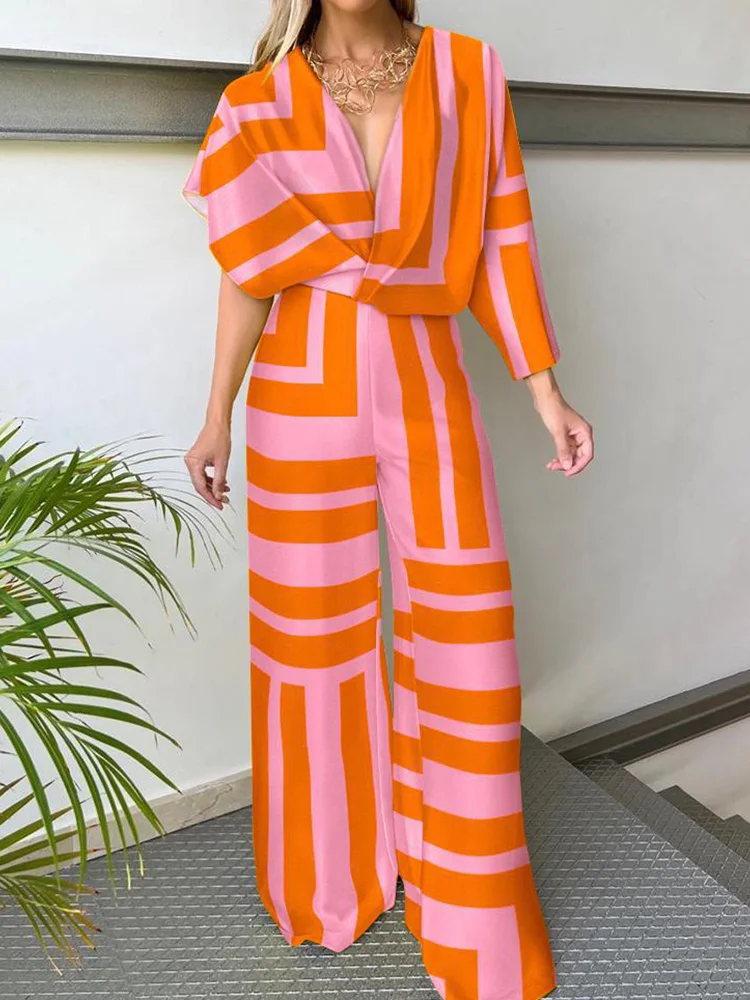 

2023 Women Summer Thin Irregular Sleeve Bodysuits Loungewear V-Neck Wide Leg Pants Jumpsuits Fashion Loose Fit Ladies Playsuits