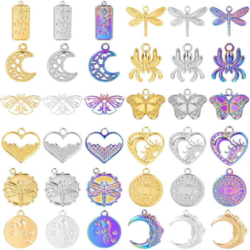

10pcs Stainless Steel Moon Charm Butterfly Gold Color Pendant diy Jewelry Making Heart Necklace Women/Men Trendy Craft Supplies